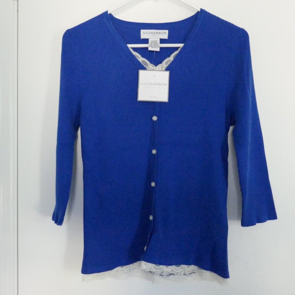 NWT Sag Harbor petites blue v-neck sweater lace details size S